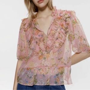 ZARA deep V Floral Ruffled Blouse